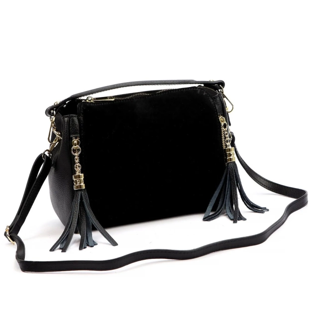 LUKA – Skórzana listonoszka damska czarna klasyka z biżuteryjnym akcentem